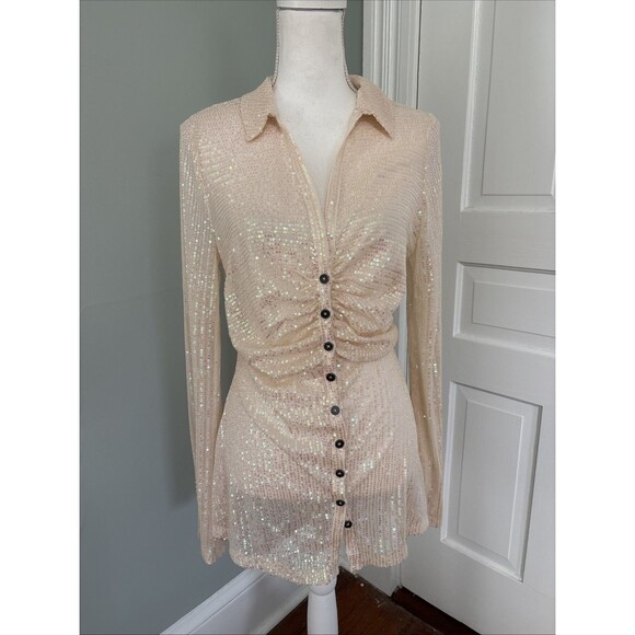 FREE PEOPLE SEQUIN Champagne Dream Top Blouse Sheer Sparkle Holiday Large - Picture 1 of 5